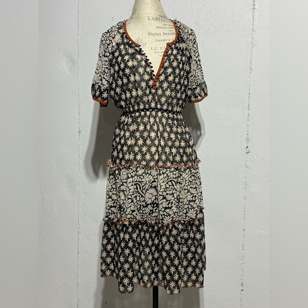 Papillon Blanc Black and Cream Midi Dress with Orange Accents